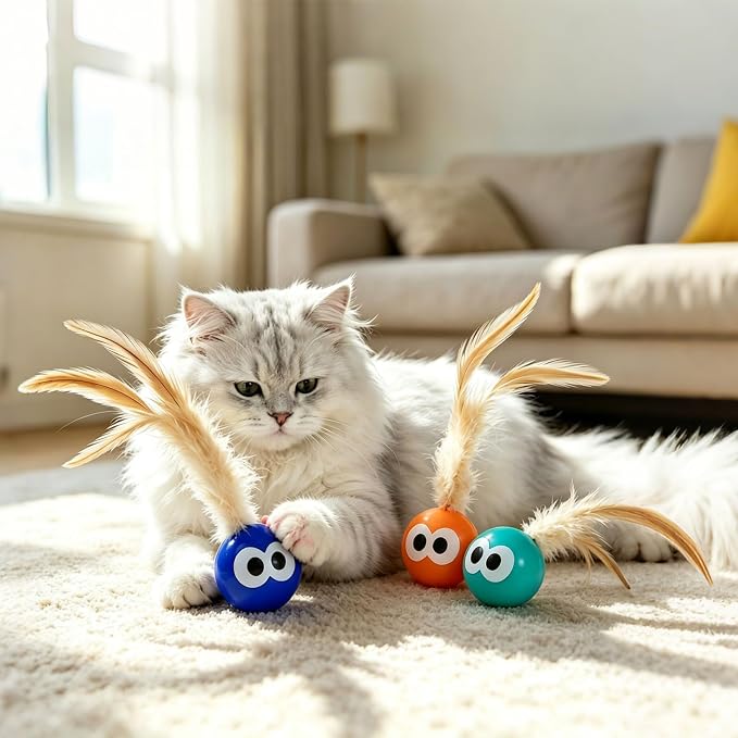 Bouncy Cat Toys with Feathers 3-Pack, Interactive Rubber Ball with Goofy Eyes and Natural Tail for Indoor Cats & Kittens, High Elastic Bouncing Toy for Chase Hunt Play