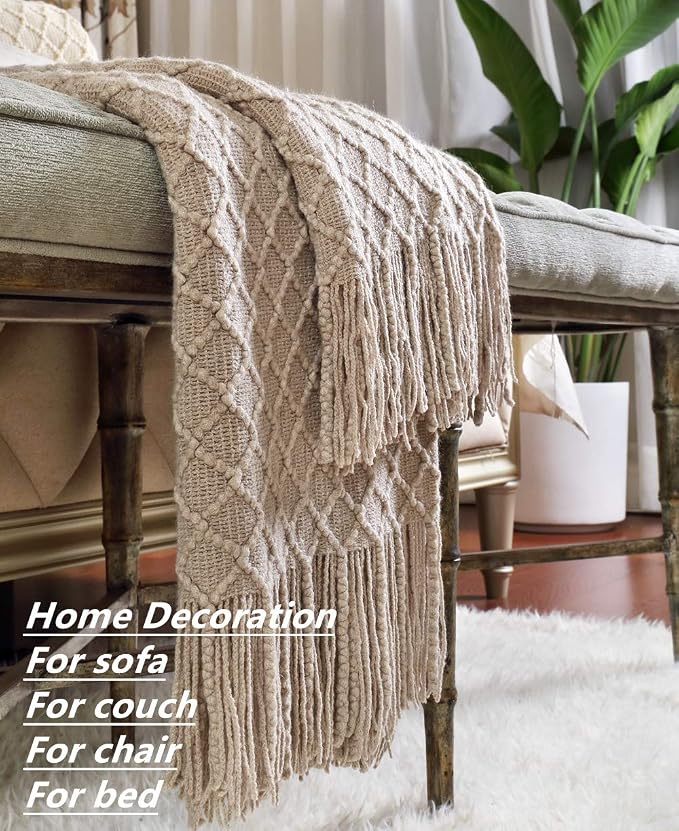 CREVENT Farmhouse Knit Throw Blanket for Couch Sofa Chair Bed Home Decoration, Soft Warm Cozy Light Weight for Spring Summer (50''X60'' Beige/Khaki)