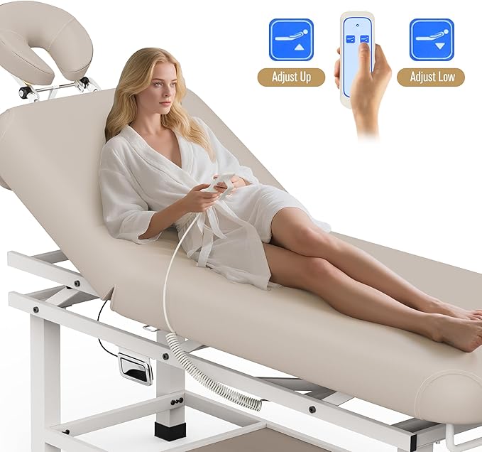 Dolonm 30 Wide x 75 Long Heavy Duty Electric Stationary Massage Table with Backrest Adjustable and Storage Space for Treatment/Medical Spa/Facial/Beauty/Massage Bed and More - Beige Gray