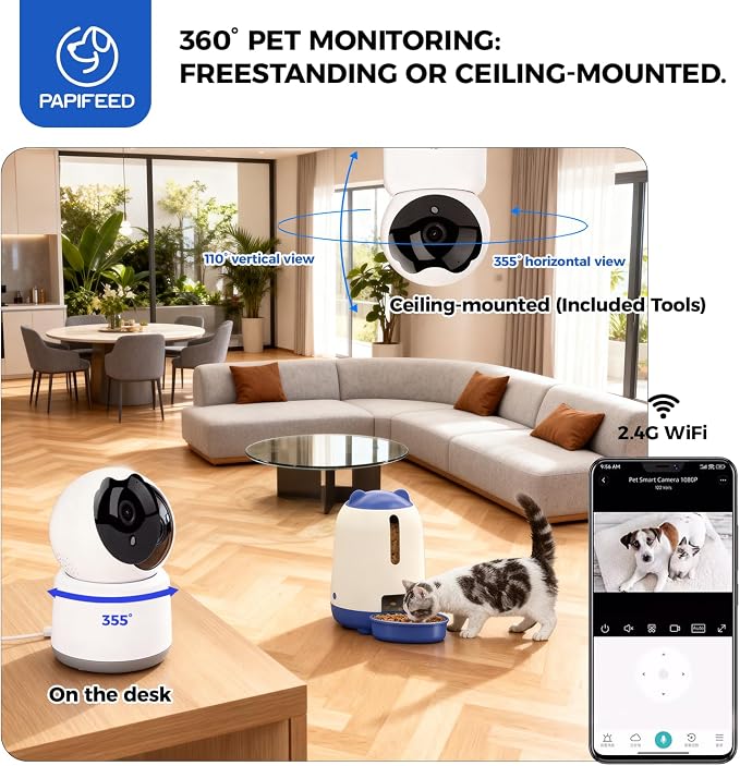 PAPIFEED 2-in-1 Automatic Cat Feeder and Pet Camera Combo, 1080P HD & 360°Pan-Tilt, 3L Cat Food Dispenser with App, 2.4G WiFi Timed Cat Feeder for Dry Food, Automatic Cat Feeder with Camera