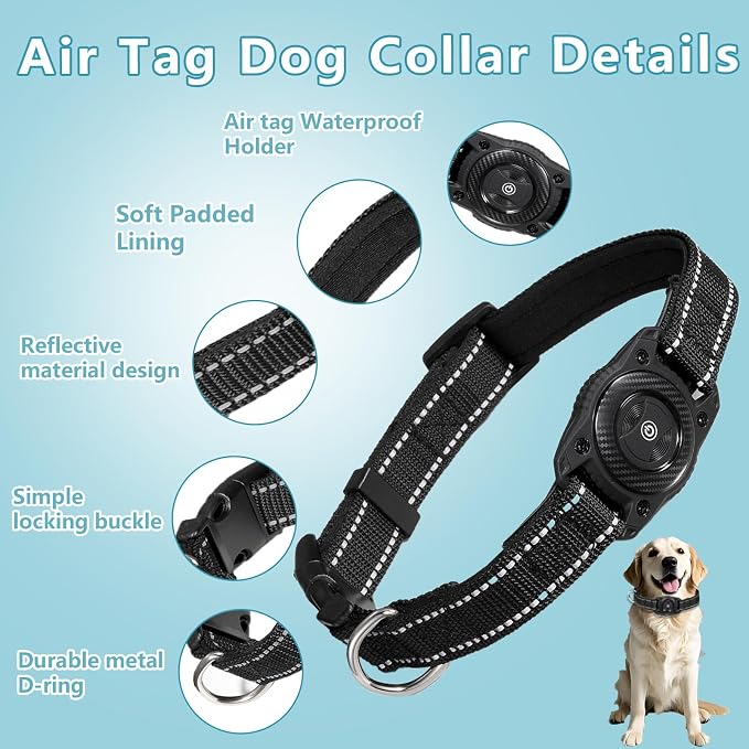 Air Tags Dog Collar, Waterproof Pet Collar with Air-Tag Chip for Apple Find My (iOS only) (Black, L)