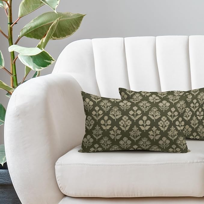 Olive Green Pillow Covers 12x20 Inch Set of 2, Cream Floral Block Print Pattern Lumbar Decorative Throw Pillowcases Outdoor Farmhouse Rectangle Cushion Covers Spring Summer Sofa Couch Bed Decor
