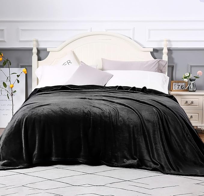 TASTHROW Large Flannel Fleece Throw Blanket, 90×108 Inch - Black | Cozy Lightweight Thick Blanket - All Seasons Suitable for Women, Men and Kids
