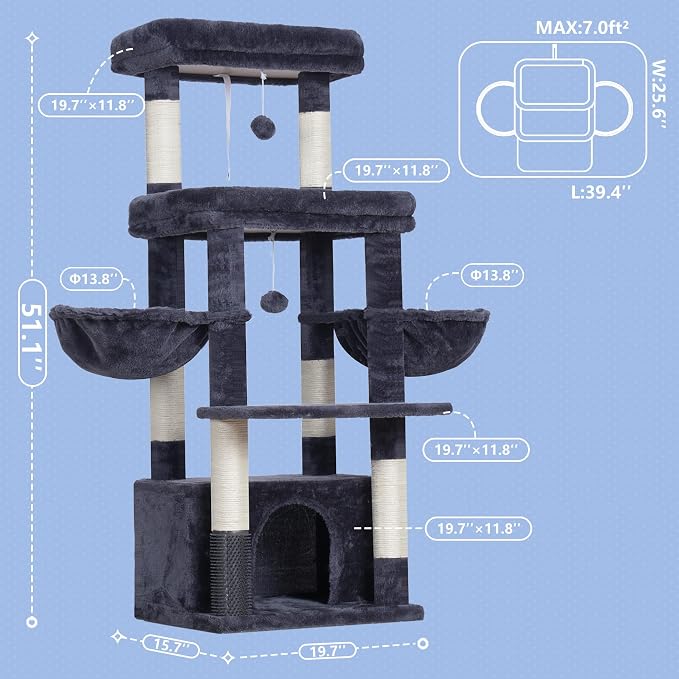 Hey-brother Cat Tree Tower with Extra Large Platform, Big Condo, MPJ070G | 51.1 Inches Scratching Posts with 2 Cozy Hammocks, Self-Grooming Brush for Indoor Adult Cats, Maine Coon, Smoky Gray