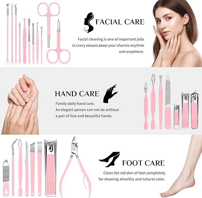 MINKINH Manicure Set Professional Nail Clipper Kit-26 Pieces Stainless Steel Manicure Kit,Nail Care Tools with Luxurious Travel Case Nail Grooming Kit Present for Wife, Girlfriend(Pink)