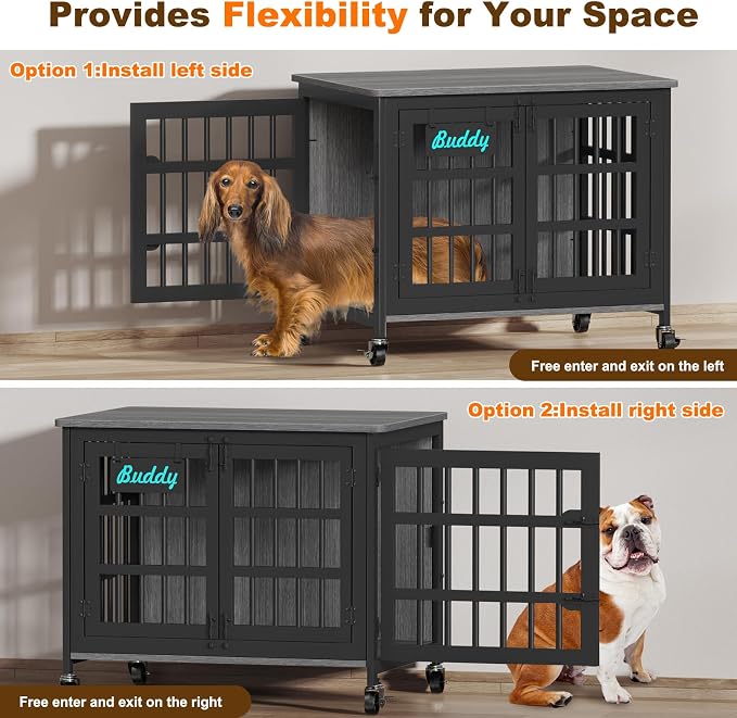 EasyCom 33"/27" Dog Crate Furniture with Name Tag, Heavy Duty Dog Kennel Indoor for Medium and Small Dogs, Double-Doors Sturdy Metal Dog Cage, Decorate House as TV Stand, End Table, Bedside Table