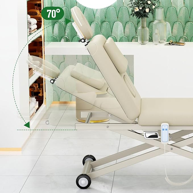 pouseayar Heavy Duty Electric Massage Table, Electric Lift Motor and Manual Backrest Adjustable for Treatment/Medical Spa/Facial Bed/Beauty Bed and More - 31.5 Wide x 75 Long - Beige Gray