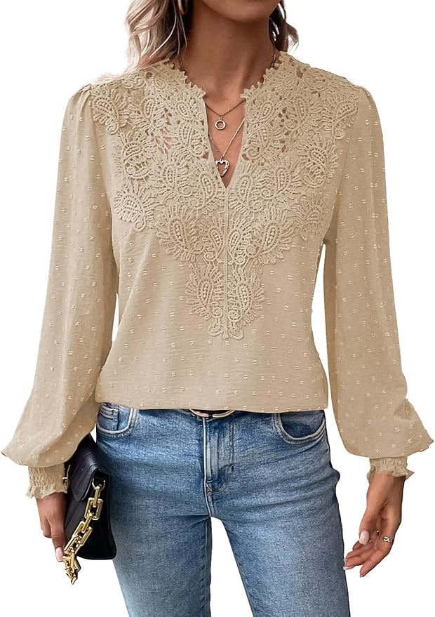 Womens Tops Swiss Dot Boho Long Sleeve Shirts V Neck Casual Chiffon Blouses Flowy Lace Hem Cute Clothing Trendy 2026