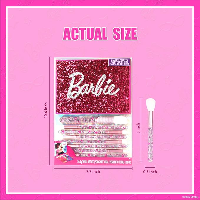 Barbie 35-Well Shadow Palette, Shimmery and Opaque Colors, Pigmented Blendable, 8 Application Brushes Ages 8+, Perfect for Parties, Sleepovers & Makeovers, By Townley Girl