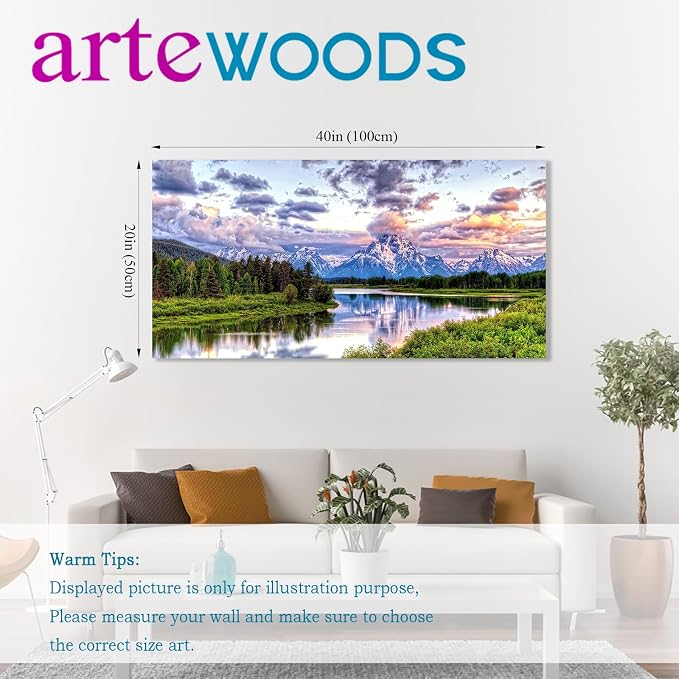 arteWOODS Landscape Canvas Wall Art Nature Picture Oxbow Bend Grand Teton National Park Modern Canvas Artwork River and Forest Contemporary Wall Art Large Size for Home Office Decoration 20" x 40"