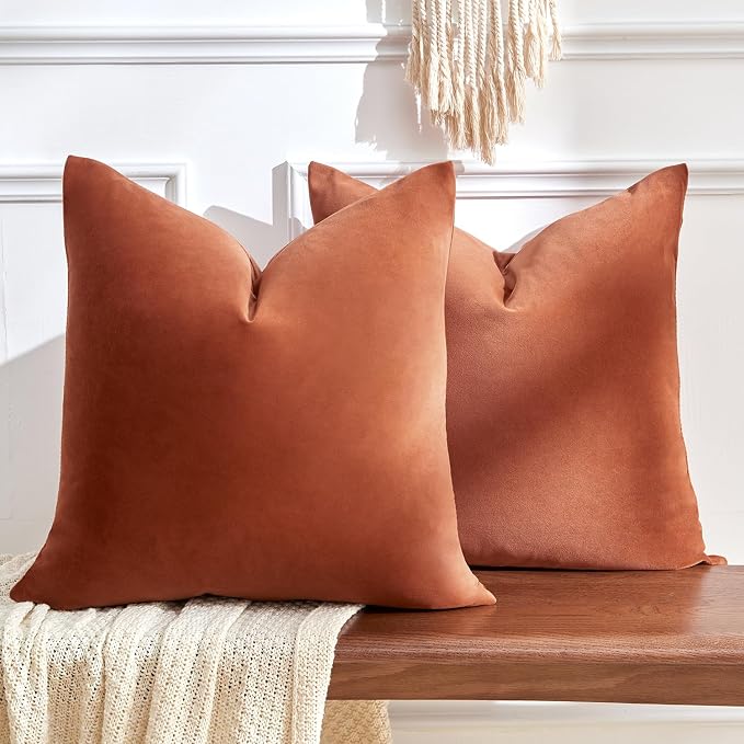 Throw Pillow Covers Set of 2 24x24 Inch Velvet Pillow Covers, Soft Rust Decorative Covers for Couch Sofa Bed Living Room, Neutral Farmhouse Covers, Home Boho Decor