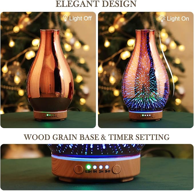 Porseme Essential Oil Diffuser 3D Glass Aromatherapy Ultrasonic Humidifier Cool Mist, Auto Shut-Off, Timer Setting, BPA Free for Home Office Hotel Yoga Gym Leisure SPA Gift 100ml