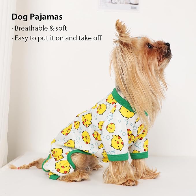 DaFuEn Dog Pajamas for Small Dogs, Soft Stretchy 4 Legs Puppy Jumpsuit, All Season Cozy Pet PJs for Chihuahua Yorkie Teacup Dogs, Cat Clothes (Yellow Bird, L)