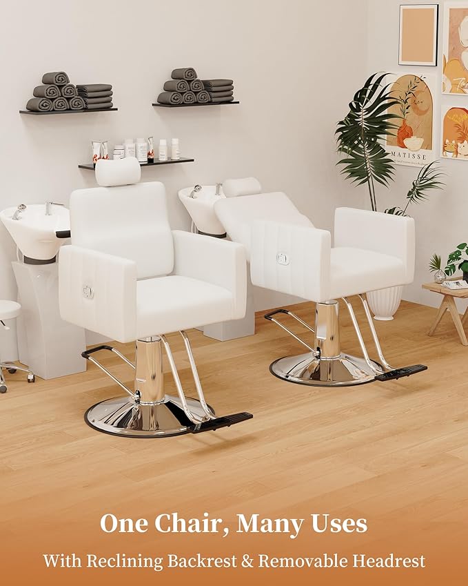 Baasha Reclining White Salon Chair with Adjustable Headrest, All-Purpose Hydraulic Styling Chair, Soft PU Leather, Heavy-Duty Steel Frame, 440 lbs Capacity, for Haircut, Braiding & Tattoo