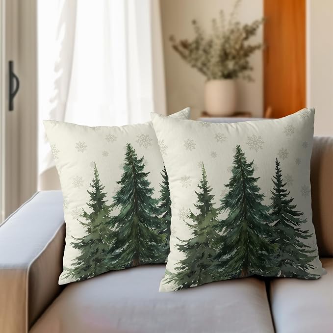 Kawani Winter Forest Throw Pillow Covers 18x18 Inches, Set of 2 Xmas Snow Green Pine Trees Cotton Linen Pillow Protectors Cushion Case for Seasonal Farmhouse Sofa Couch Bed Home Decor
