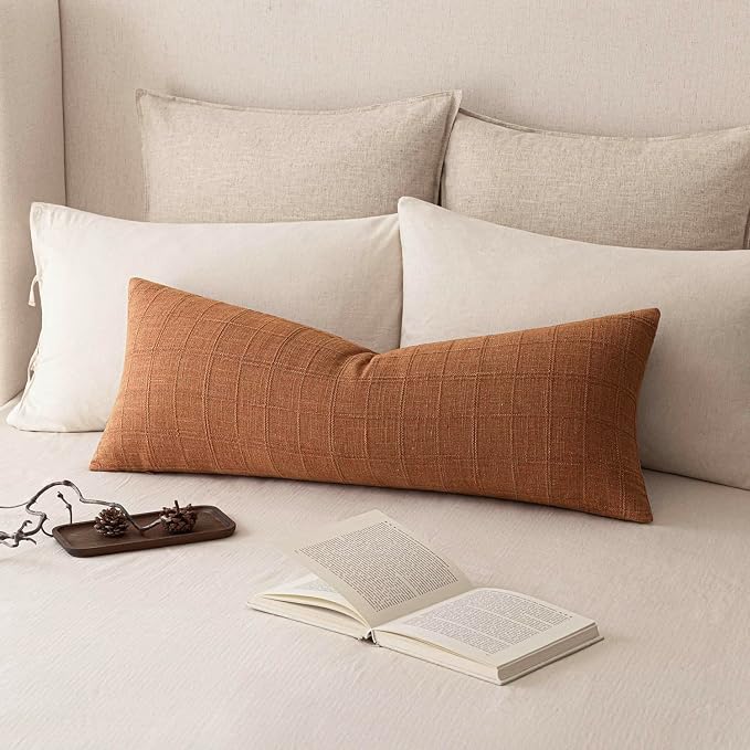 Foindtower Set of 2 Decorative Linen Check Throw Pillow Covers Neutral Farmhouse Vintage Cushion Covers Cozy Modern Boho Home Decor for Sofa Chair Couch Bedroom Living Room,14×36 Inch,Orange
