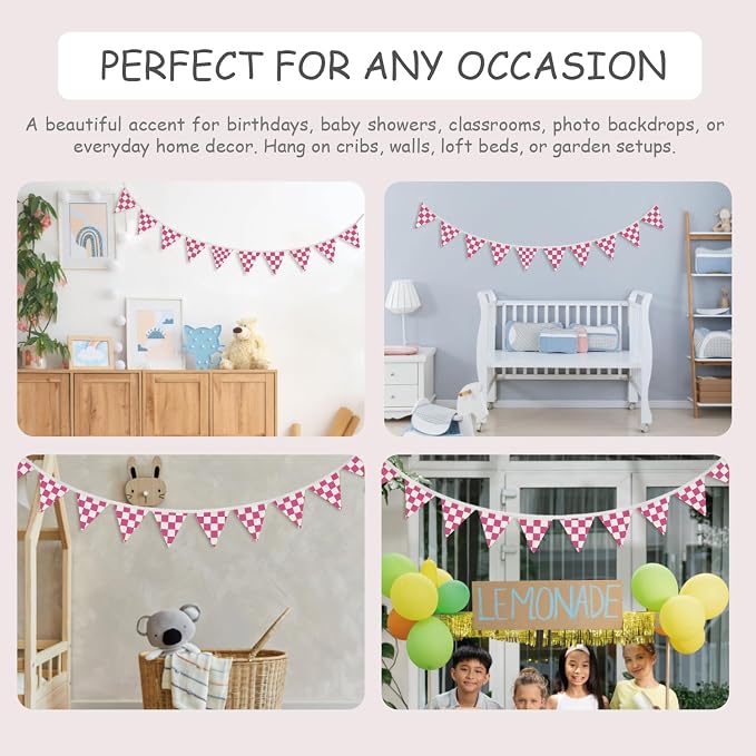 Girls Room Decor Hot Pink Checkered Fabric Garland Triangle Banners,Toddler Girl Playroom Nursery Bedroom Wall Decor, Race Car Party Supplies for Baby Shower Birthday,11Ft Bunting Flags