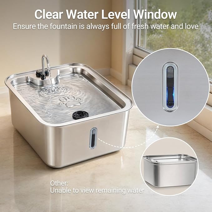4.5Gal/17L Pet Water Fountain, Stainless Steel Dog Water Bowl Dispenser with Visible Window & Wide Drinking Area, Large Capacity Dog Fountain for Multi-Pet Home