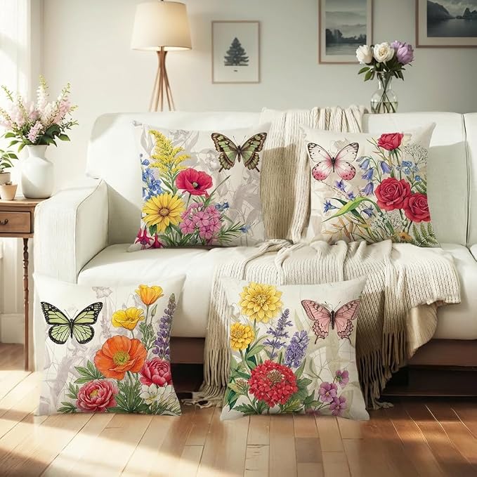 wyooxoo Throw Pillow Covers 20x20 Set of 4 Decorative Spring Pillow Covers Linen Flower Butterfly Farmhouse Pillowcases for Sofa Couch Living Room Outdoor