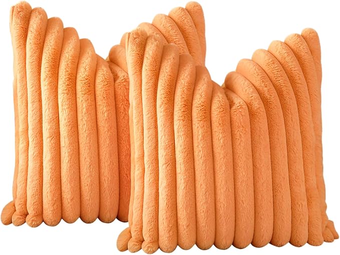Soleebee Set of 2 Throw Pillow Covers Soft Cozy Velvet Pillowcase Faux Rabbit Fur Cover for Couch Sofa Bed Chair Home Decorative Pillows Cover (16x16 Inch, Orange)