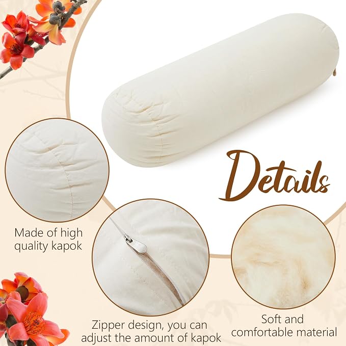 Leinuosen Organic Kapok Orthopedic Roll Pillow 14"x5" – Neck, Back, Knee & Leg Support Bolster – Cervical & Lumbar Roll for Pain Relief, Spinal Alignment – Natural Filling, Adjustable for Bed & Travel