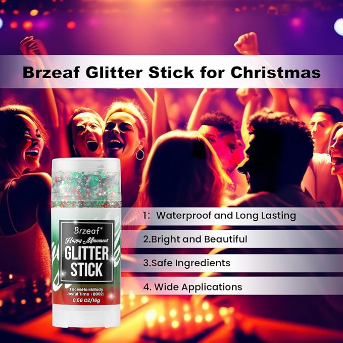 Brzeaf Waterproof Face and Body Glitter Stick, Shimmery& Long Lasting, Christmas Hair Eyeshadow Face Body Glitter, Singer Concert Rave Festival, Glitter Stick Makeup & Face Glitter Gel