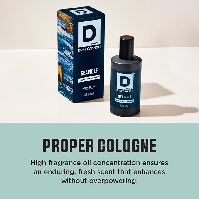 Duke Cannon Proper Cologne Seawolf | Men's Eau de Parfum | Driftwood and Coastal Air | Subtle, Fresh Long-Lasting Scent | 1.7 fl oz