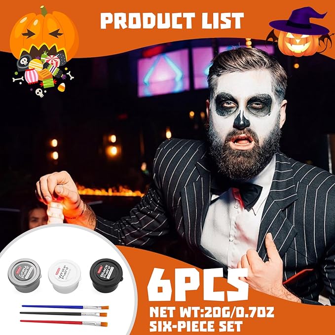 White Black Silver Face Body Paint with 3 Brushes, 60g(2.1 oz) Face Painting Set, Non-Toxic, Water Based Makeup for Halloween, Party, SFX, Cosplay, Theater