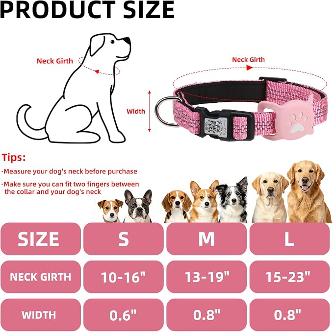 PUPTECK Airtag Dog Collar, Reflective with QR Code Buckle, Waterproof AirTag Holder Outdoor Tracking Pet Collars, Adjustable Soft Padded Durable for Small Medium Large Dogs Walking Training, Pink S