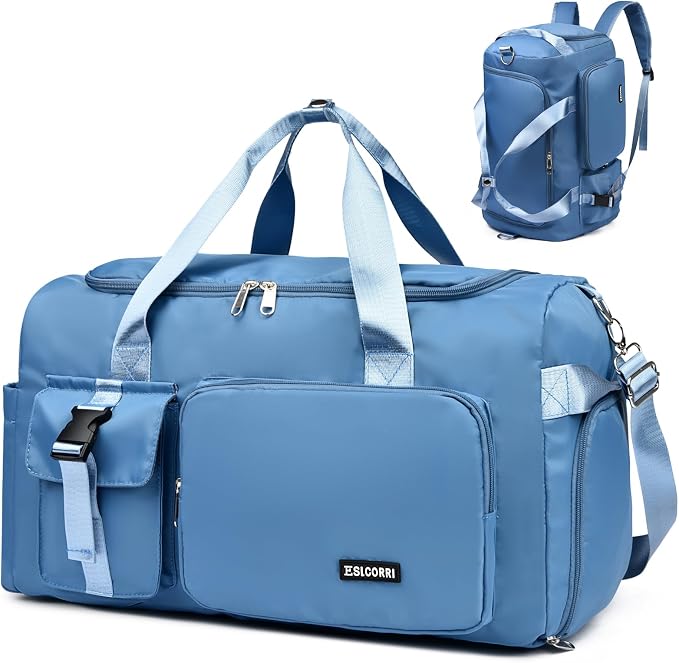 Eslcorri Gym Duffle Bag for Women Men, Sports Backpack with Wet & Shoe Compartment, Fitness Overnight Weekender Bag for Yoga, Swim, Travel (Style B, Blue)