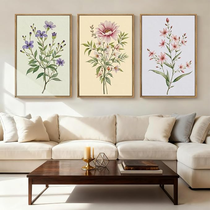 ANHUIB Boho Floral Canvas Wall Art, Framed Minimalist Beige Wildflower Wall Decor, Neutral Botanical Painting 16x24 Inch Set of 3 for Living Room Bedroom Dining Room