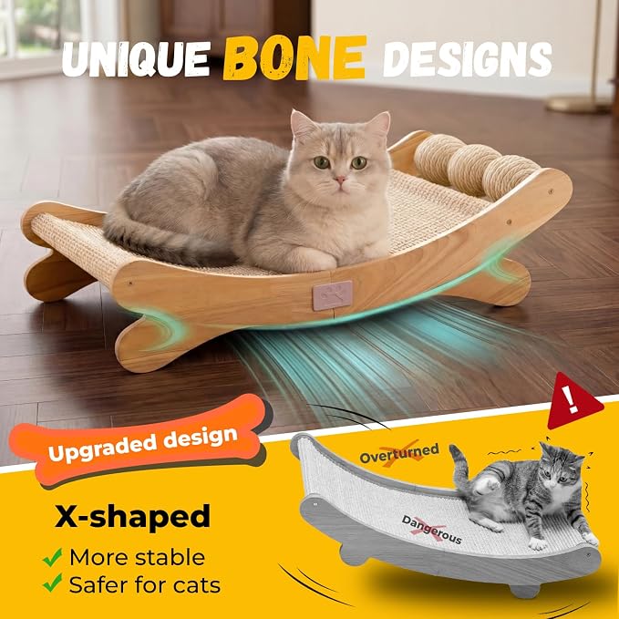 Sisal Cat Scratchers for Indoor Cats - 26.2" Large Cat Scratching Board, Wooden Cat Bed with Scratch Pad, Modern Cat Furniture for Lounging/Sofa Protector