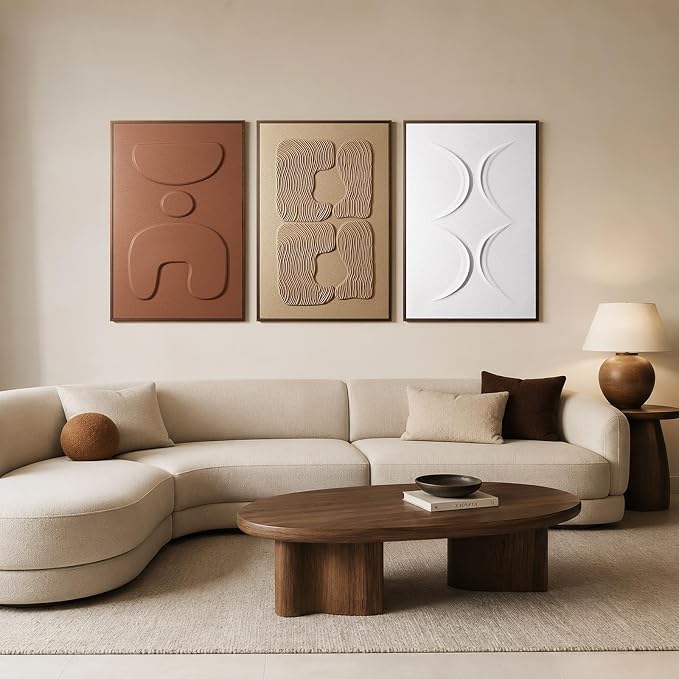 Thalasse Abstract Wall Art Large Framed 3D Ochre Terracotta 24x36 In | Wabi Sabi sandstone artwork, solid Catalpa wood frame, minimalist triptych hallway entryway, set of 3