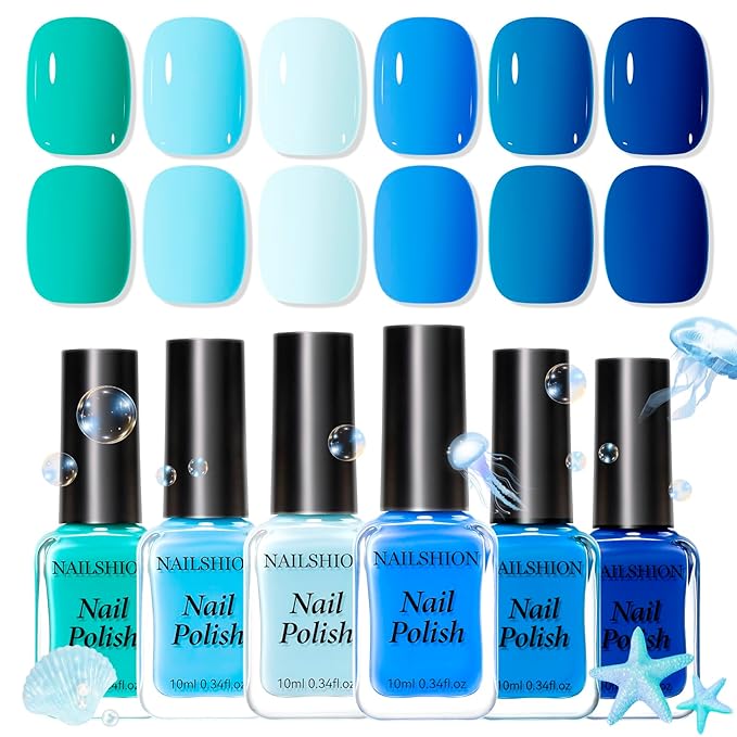 Blue Nail Polish Set: 6 Colors Light Blue Dark Navy Royal Teal Ocean Baby B lue Collection Toe Fingernail Polish, Quick Dry Non Gel, High Gloss Shine, Healthy Nail Art DIY Manicure Gift