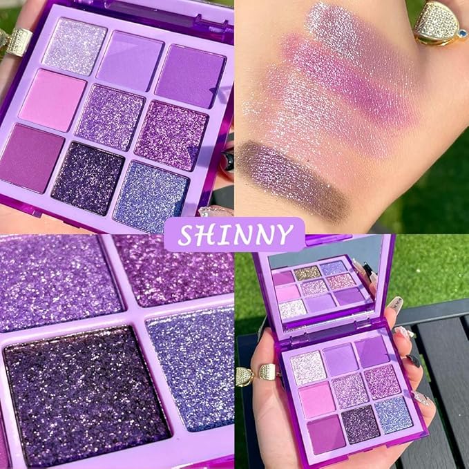 evpct 9 Colors Purple Glitter Eyeshadow Palette, Lavender Violet Purple Pink Glitter Metallic Shimmer Sparkly Eye Shadow Palette Makeup for Older Women Blue Eyes, Waterproof Highly Pigmented Eyeshadow