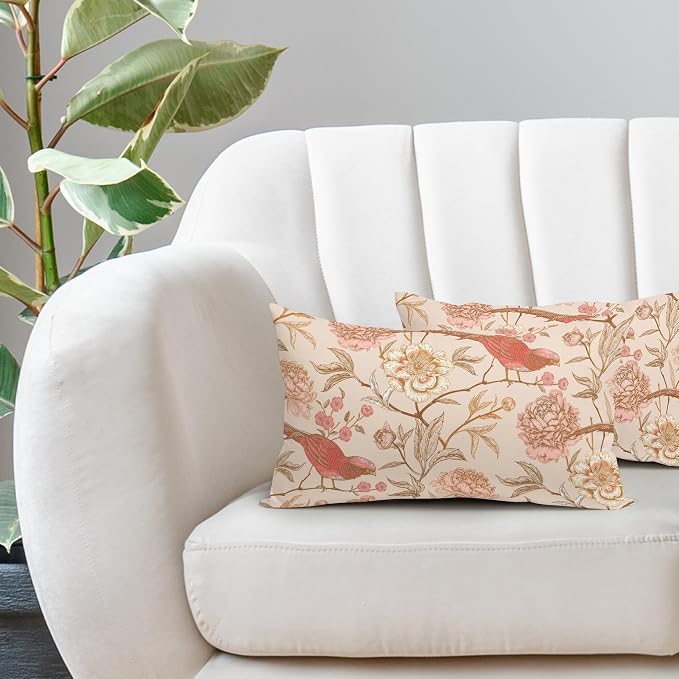 Pink White Roses Floral Lumbar Pillow Covers 12X20 Inch Set of 2Retro Flowers Birds Leaves Decorative Pillow Cases Art Vintage Cotton Linen Cushion Case Home Decor for Sofa Couch Porch Outdoor