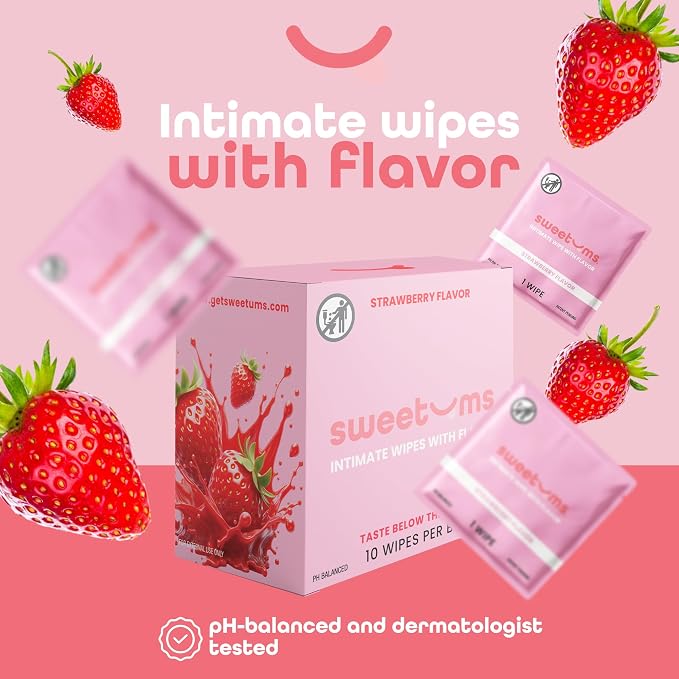 Sweetums Feminine Wipes For Women, Individually Wrapped - pH Balanced Flavored Intimate Wipes - Pack of 10 (Strawberry)