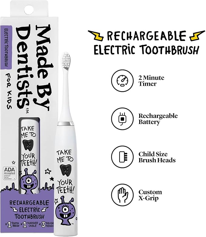 Made by Dentists Kids Electric Toothbrush - Rechargeable Vibrating Toothbrush with Timer, Includes 6 Replacement Heads, Gently Cleans Teeth, Kid & Toddlers Age 2+, Alien