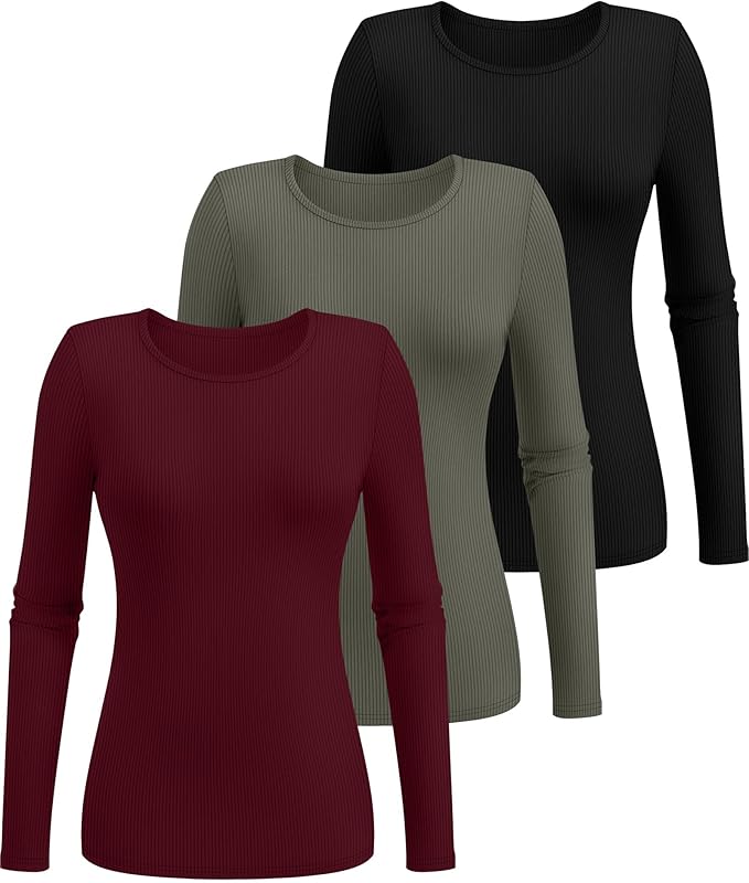 Ficerd 3 Pack Women's Ribbed Long Sleeve Tops, Crew Neck Slim Fit Undershirts Knit Basic Casual Stretch Layering Tee Shirts