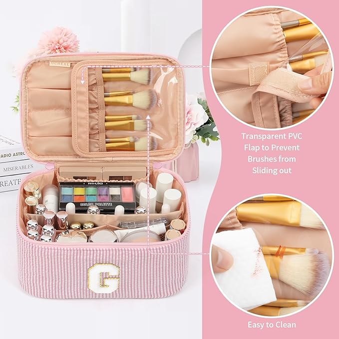 OCHEAL Makeup Bag Valentines Day Gifts for Women, Monogram Cosmetic Bag Pink Travel Makeup Case Beauty Toiletry Bag Organizer Personalized Gifts for Girls Bridesmaid, Sister, Wife, Friends Initial G