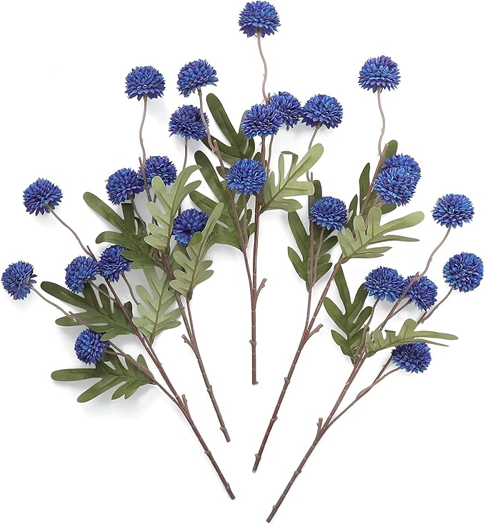5pcs Royal Blue Faux Silk Mums Artificial Flowers, Bulk Fake Small Mini Chrysanthemums with Stems for DIY Wedding Centerpieces Floral Arrangements Vase Fillers Home Decorations