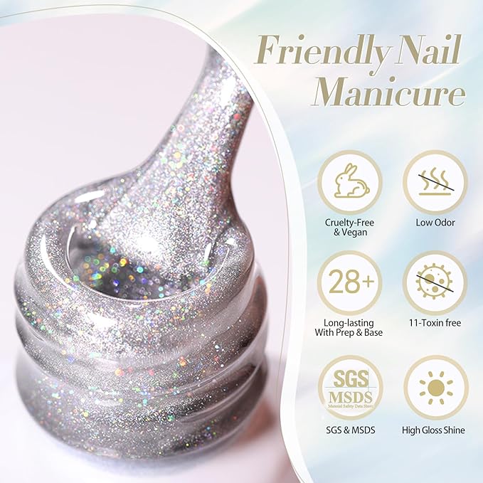 Born Pretty White Glitter Cat Magnetic Eye Gel Nail Polish, Holographic Glitter Iridescent Polish Soak Off Manicure Salon DIY Gifts 15ML