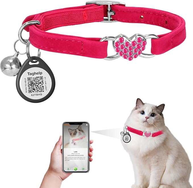 Heart Bling Cat Collar with Safety Belt and Bell Adjustable 8-13 inches for Kitten,Personalized Cat Collar with QR Code Smart ID tag Cute Kitty Collar for Girl Boy Cats,Pet Gifts GPS(red)