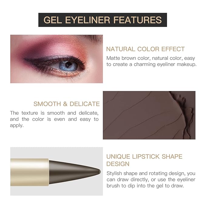 2 Pcs Brown Gel Cream Eyeliner Set, Tool Smudge Proof and Waterproof Matte Quick Dry Brown Eye-liner Pencil Tattoo Eyeliner Pen Stick Makeup for Women