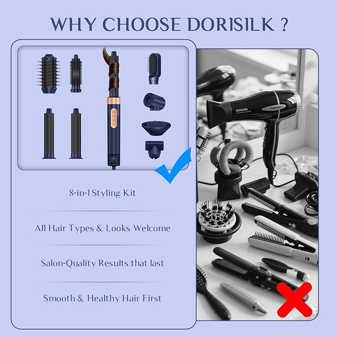 DORISILK 8 in 1 Hair Styler, 110000 RPM High-Speed Hair Dryer Brush Blow Dryer and Auto Wrap Curlers, Negative Ions Hot Brush Styler Smooth for Fast Drying Volumizing Straightening Curling, Deep Blue
