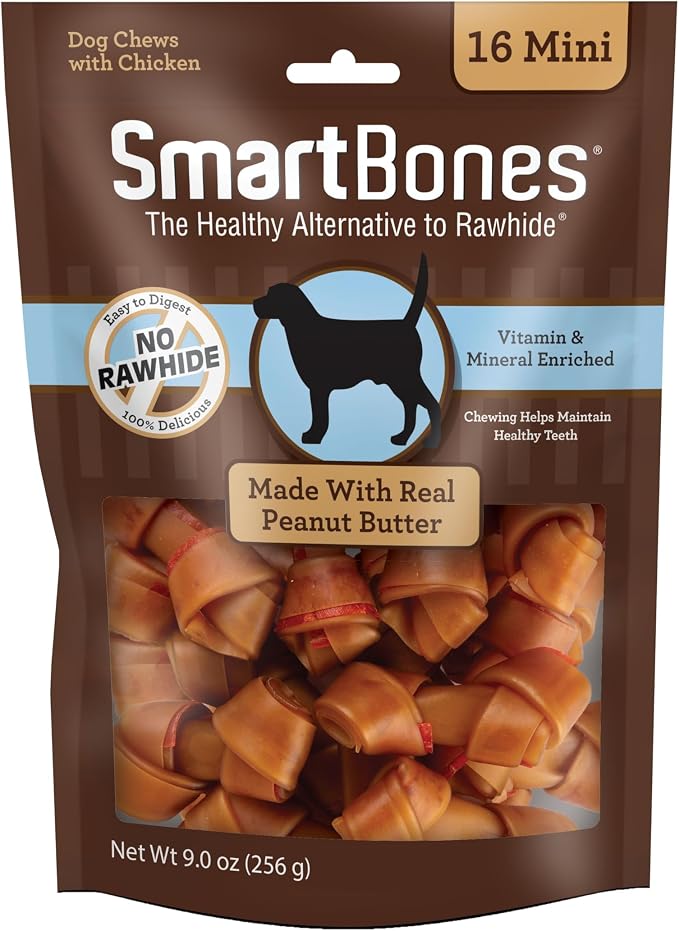 SmartBones Mini Bones Rawhide-Free Dog Treat, Real Peanut Butter, 16 Count | With With Real Chicken & Peanut Butter, Easy To Digest Chew With Vitamins & Minerals, Supports Dental Health, For Small Dogs