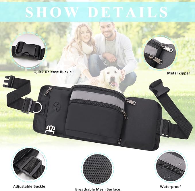 Dog Treat Pouch for Leash Waist Belt Bag, Premium Dog Treat Bag for Dogs Training Puppy Walking Fanny Pack with Divider Zipper Carrier Pocket, Water Bottle Holder, Silicone Insert,Clip,Black