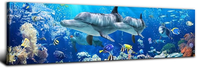 Large Dolphin Wall Art for Bathroom Nautical Theme Picture Ocean Coastal Room Decor Nature Blue Seascape Painting Prints Under The Sea World Landscape Poster Artwork Living Room Decorations 14x48"