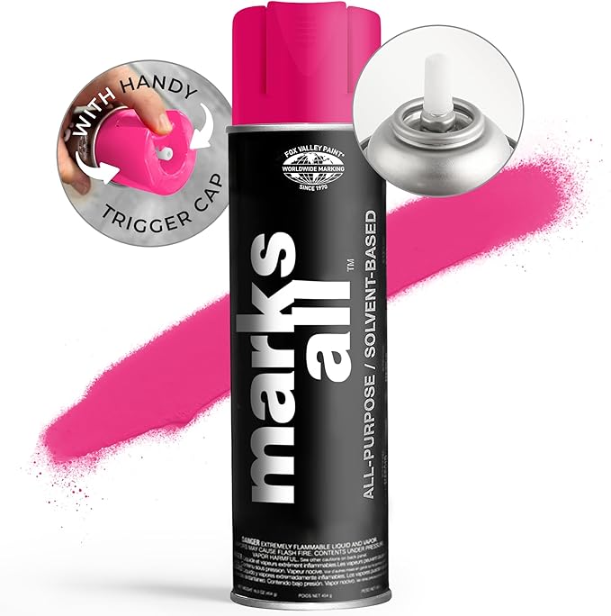 Fox Valley 18oz Marks All Solvent-Based Marking Paint Spray, 12-Pack Pink Fluorescent – Long-Lasting, Weather-Resistant Spray Paint for Wet or Dry Surfaces Like Metal, Grass, Concrete, Wood, & More