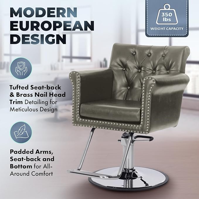 Buy-Rite Chelsea Styling Chair for Salons – Gray Tufted Back, Brass Nailhead Trim, Steel Hydraulic Pump, 3.5” Removable Seat Cushion, Padded Arms, Vinyl Upholstery – NIN-9902